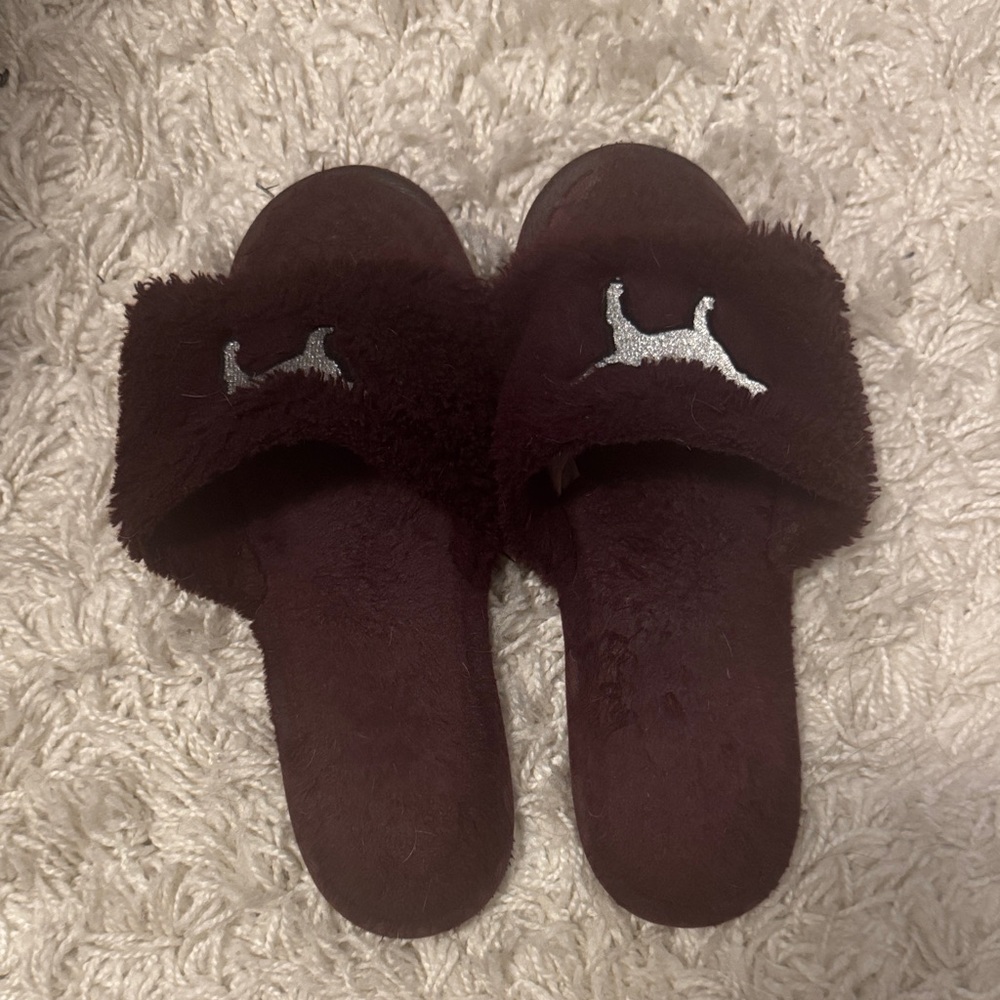 Burgundy Fuzzy Slides with Silver Dog Logo